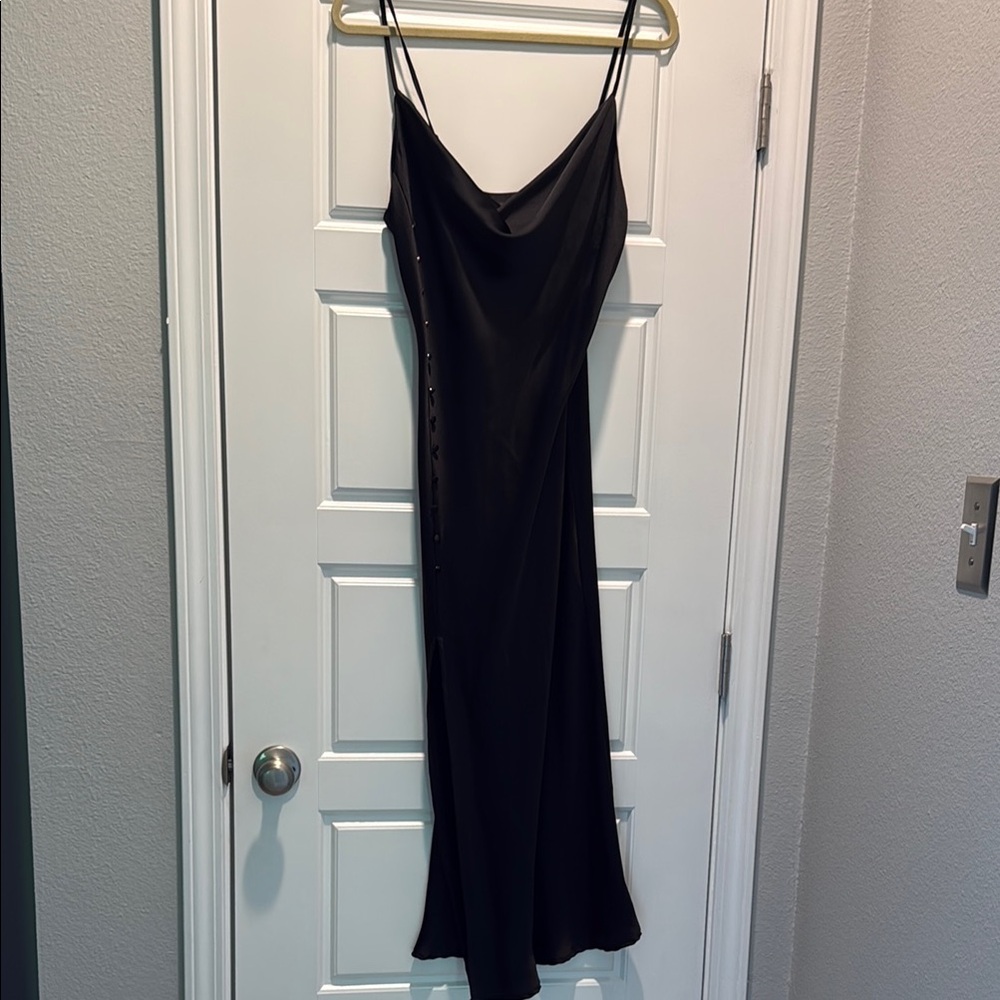 Elegant Satin Black Spaghetti Strap Dress with Buttons on side